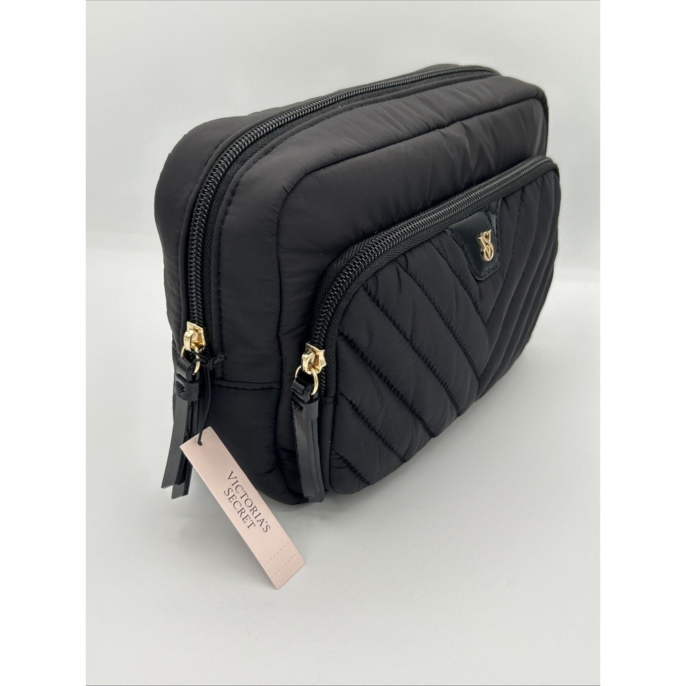 Victoria's Secret Black Quilted V-Quilt Nylon Travel Makeup Pouch Cosmetic Bag - Picture 4 of 6